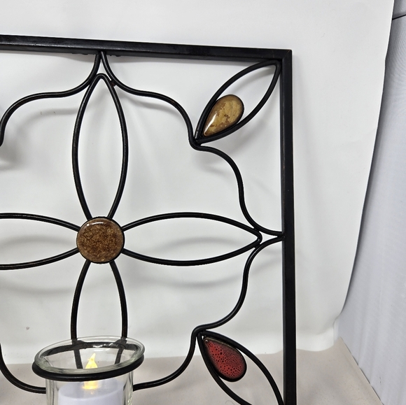 Elements Set Of 2 Wall Decor Candle Holders Black Metal Flower Design & Stones - Picture 8 of 14